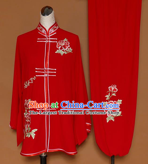 Chinese Traditional Best Martial Arts Embroidered Peony Red Costume Kung Fu Competition Tai Chi Clothing for Women