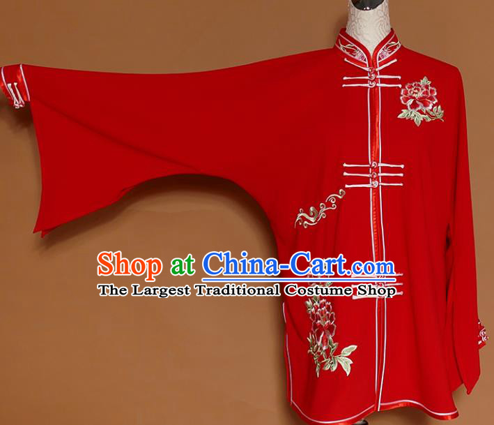 Chinese Traditional Best Martial Arts Embroidered Peony Red Costume Kung Fu Competition Tai Chi Clothing for Women