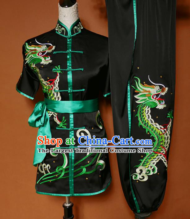 Best Martial Arts Competition Embroidered Dragon Black Uniforms Chinese Traditional Kung Fu Tai Chi Training Costume for Men