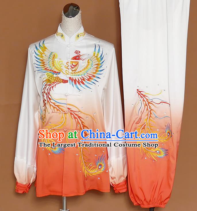 Chinese Traditional Best Martial Arts Embroidered Phoenix Orange Costume Kung Fu Competition Tai Chi Clothing for Women