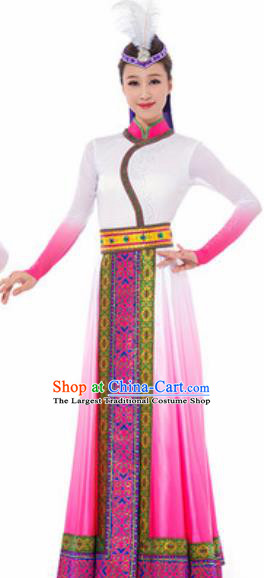 Traditional Chinese Mongol Nationality Ethnic Costume Mongolian Minority Dance Pink Dress for Women