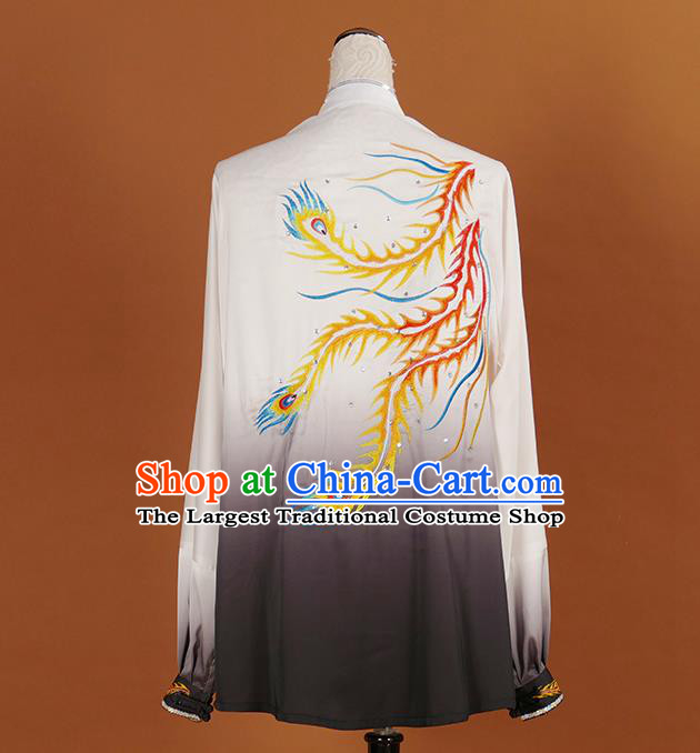 Chinese Traditional Best Martial Arts Embroidered Phoenix Grey Costume Kung Fu Competition Tai Chi Clothing for Women