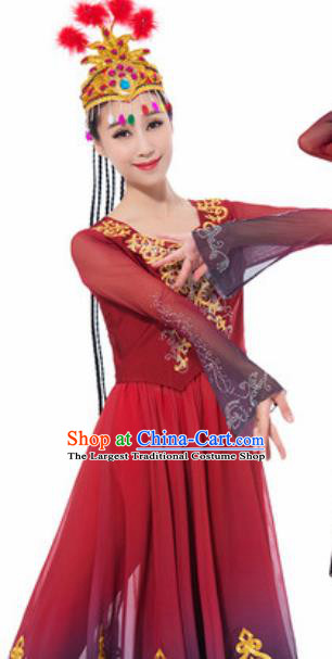 Traditional Chinese Uyghur Ethnic Costume Uyghurian Nationality Minority Dance Wine Red Dress for Women