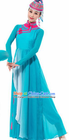 Traditional Chinese Mongol Ethnic Costume Mongolian Nationality Minority Dance Blue Dress for Women