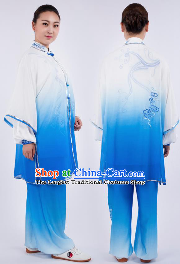 Chinese Traditional Martial Arts Gradient Blue Costume Kung Fu Competition Tai Chi Training Clothing for Women
