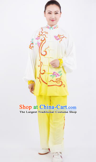 Chinese Traditional Martial Arts Competition Embroidered Peony Yellow Costume Kung Fu Tai Chi Training Clothing for Women