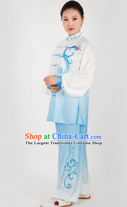 Chinese Traditional Martial Arts Embroidered Blue Costume Kung Fu Competition Tai Chi Training Clothing for Women