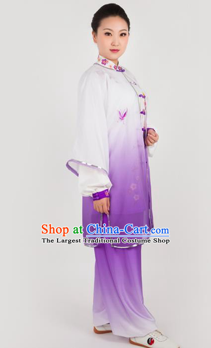 Chinese Traditional Martial Arts Embroidered Butterfly Purple Costume Kung Fu Competition Tai Chi Training Clothing for Women