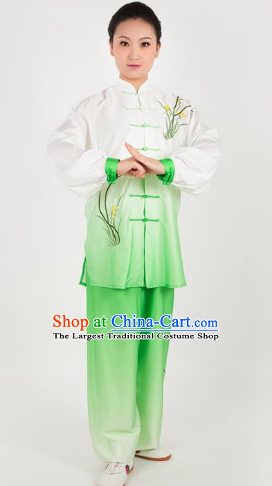 Chinese Traditional Martial Arts Embroidered Orchid Green Costume Kung Fu Competition Tai Chi Training Clothing for Women