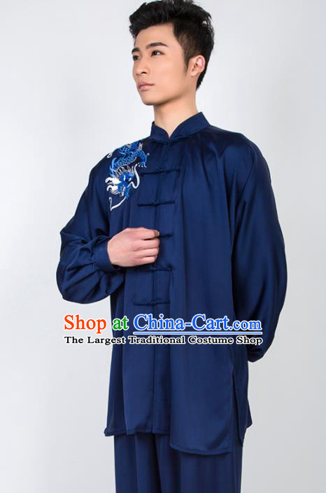 Chinese Traditional Martial Arts Competition Embroidered Dragon Navy Costume Kung Fu Tai Chi Training Clothing for Men