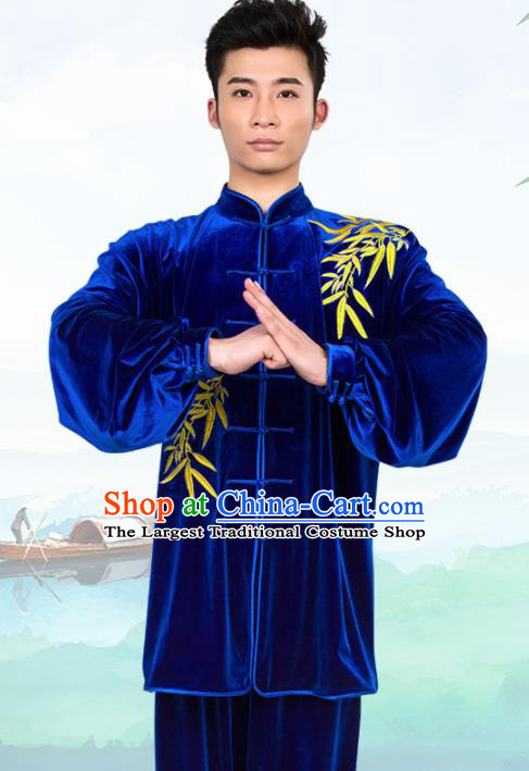 Chinese Traditional Martial Arts Competition Embroidered Royalblue Velvet Costume Kung Fu Tai Chi Training Clothing for Men