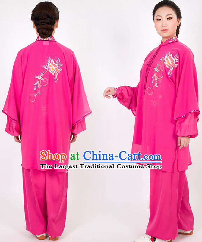 Chinese Traditional Martial Arts Embroidered Peony Rosy Costume Best Kung Fu Competition Tai Chi Training Clothing for Women