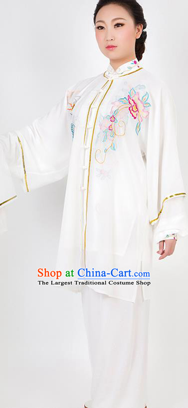 Chinese Traditional Martial Arts Embroidered Peony White Costume Best Kung Fu Competition Tai Chi Training Clothing for Women