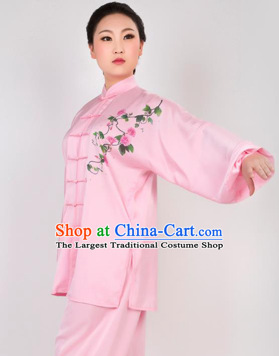 Chinese Traditional Martial Arts Printing Petunia Pink Costume Best Kung Fu Competition Tai Chi Training Clothing for Women