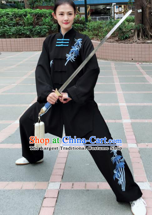 Professional Chinese Martial Arts Embroidered Bamboo Black Costume Traditional Kung Fu Competition Tai Chi Clothing for Women