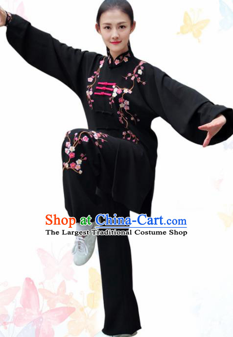 Professional Chinese Martial Arts Embroidered Plum Black Costume Traditional Kung Fu Competition Tai Chi Clothing for Women