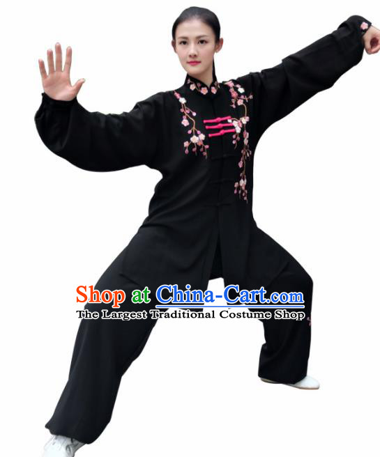 Professional Chinese Martial Arts Embroidered Plum Black Costume Traditional Kung Fu Competition Tai Chi Clothing for Women