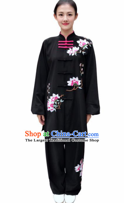 Professional Chinese Martial Arts Embroidered Magnolia Black Costume Traditional Kung Fu Competition Tai Chi Clothing for Women