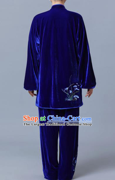 Traditional Chinese Martial Arts Competition Printing Orchid Royalblue Velvet Uniforms Kung Fu Tai Chi Training Costume for Men