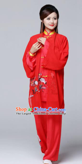 Professional Chinese Martial Arts Ink Painting Crane Red Costume Traditional Kung Fu Competition Tai Chi Clothing for Women