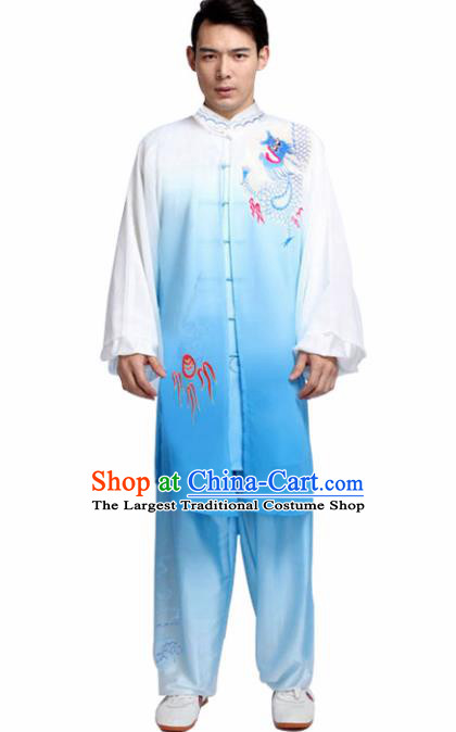 Traditional Chinese Martial Arts Competition Embroidered Dragon Blue Uniforms Kung Fu Tai Chi Training Costume for Adults