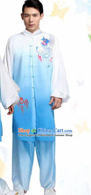 Traditional Chinese Martial Arts Competition Embroidered Dragon Blue Uniforms Kung Fu Tai Chi Training Costume for Adults