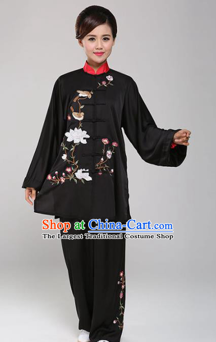 Professional Martial Arts Embroidered Magnolia Black Costume Chinese Traditional Kung Fu Competition Tai Chi Clothing for Women