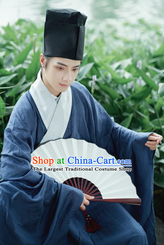 Traditional Chinese Ming Dynasty Scholar Navy Robe Ancient Drama Taoist Priest Replica Costumes for Men