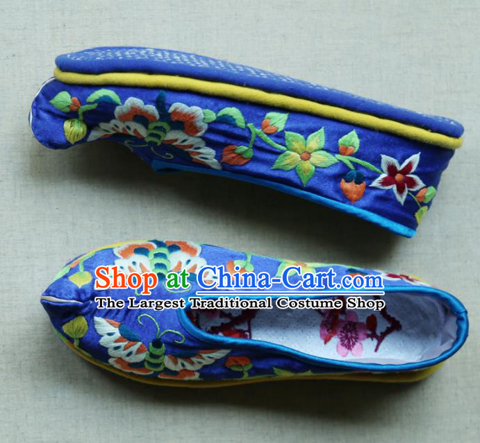 Traditional Chinese Embroidered Butterfly Royalblue Shoes Handmade Hanfu Shoes Ancient Princess Satin Shoes for Women