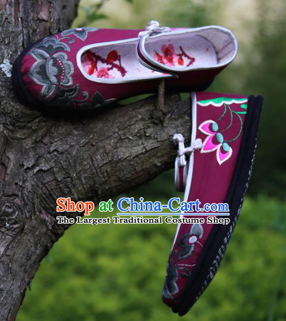 Traditional Chinese Wine Red Embroidered Shoes Handmade Hanfu Shoes Ancient Princess Shoes for Women