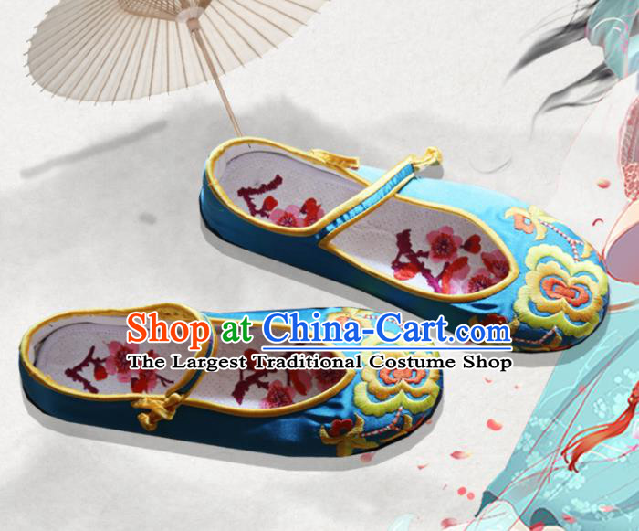 Traditional Chinese Blue Embroidered Shoes Handmade Hanfu Shoes Ancient Princess Shoes for Women