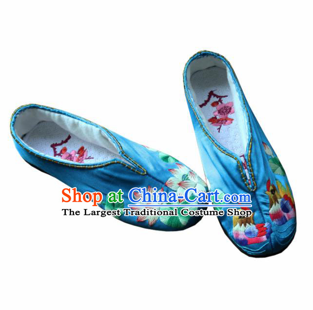 Traditional Chinese Embroidered Lotus Blue Shoes Handmade Hanfu Shoes Ancient Princess Shoes for Women