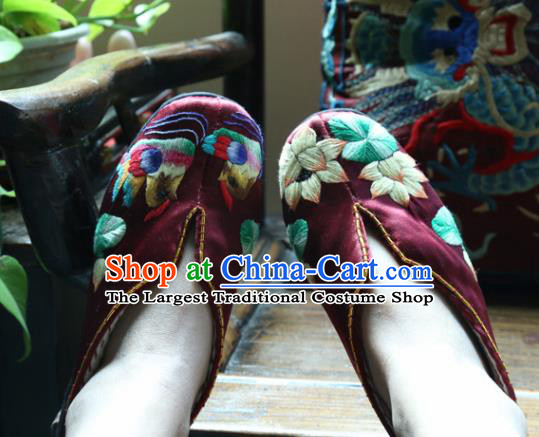 Traditional Chinese Embroidered Lotus Purplish Red Shoes Handmade Hanfu Shoes Ancient Princess Shoes for Women