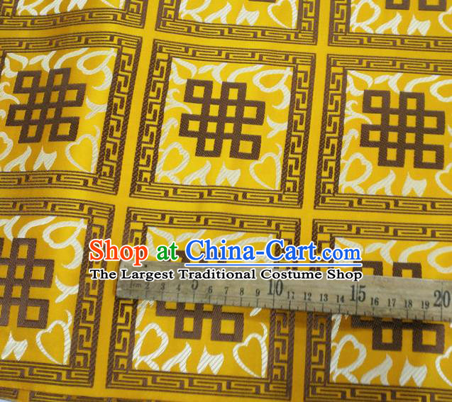 Asian Chinese Traditional Buddhism Lucky Knots Pattern Design Yellow Brocade Fabric Tibetan Robe Silk Material