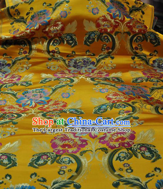 Asian Chinese Traditional Buddhism Peony Pattern Design Yellow Brocade Fabric Tibetan Robe Silk Material