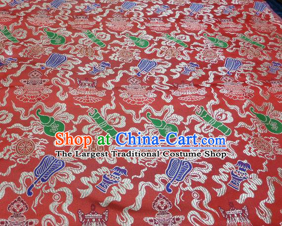 Asian Chinese Buddhism Traditional Eight Treasures Pattern Design Red Brocade Fabric Tibetan Robe Silk Material