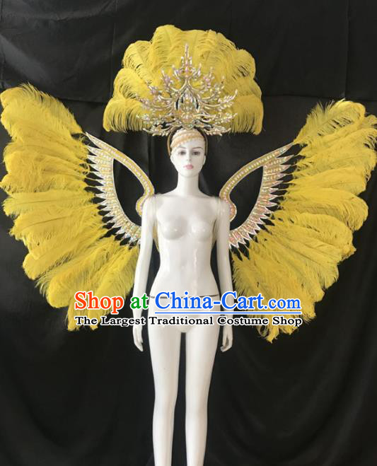 Customized Halloween Samba Dance Yellow Feather Props Brazil Parade Wings Backboard and Headpiece for Women