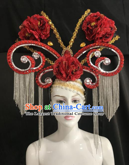 Customized Halloween Carnival Red Peony Giant Hair Accessories Brazil Parade Samba Dance Headpiece for Women