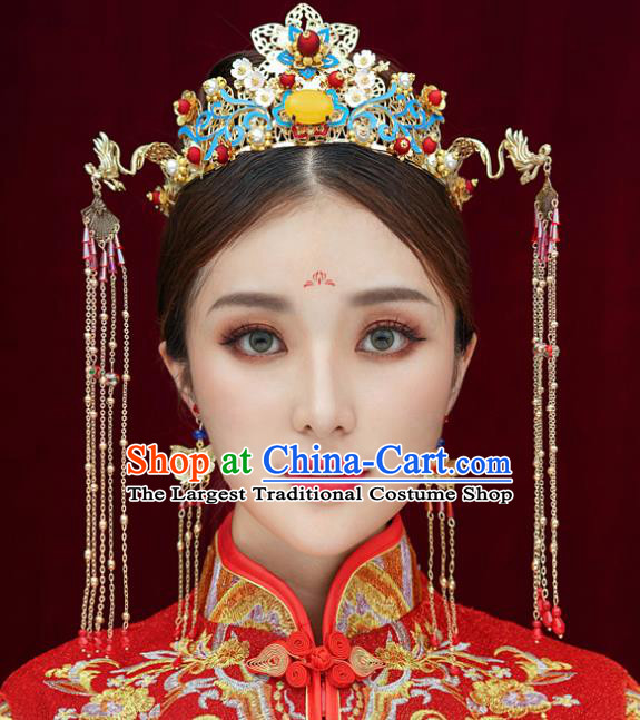 Top Chinese Traditional Blue Hair Crown Wedding Bride Handmade Hairpins Hair Accessories Complete Set