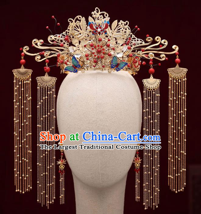 Top Chinese Traditional Blueing Butterfly Phoenix Coronet Wedding Bride Handmade Hairpins Hair Accessories Complete Set