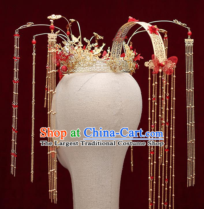 Top Chinese Traditional Bride Red Butterfly Hair Crown Handmade Wedding Tassel Hairpins Hair Accessories Complete Set