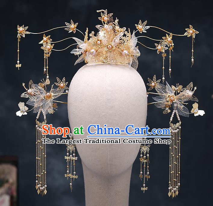 Top Chinese Traditional Silk Flowers Phoenix Coronet Wedding Bride Handmade Hairpins Hair Accessories Complete Set