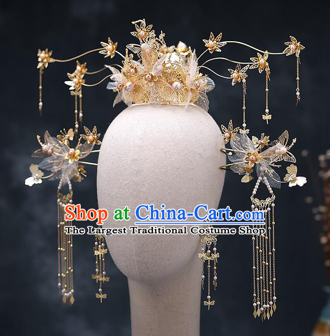 Top Chinese Traditional Silk Flowers Phoenix Coronet Wedding Bride Handmade Hairpins Hair Accessories Complete Set