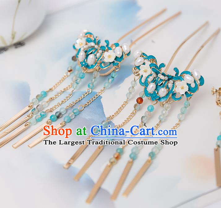 Top Chinese Traditional Pearls Blue Hair Clip Handmade Hanfu Hairpins Hair Accessories for Women