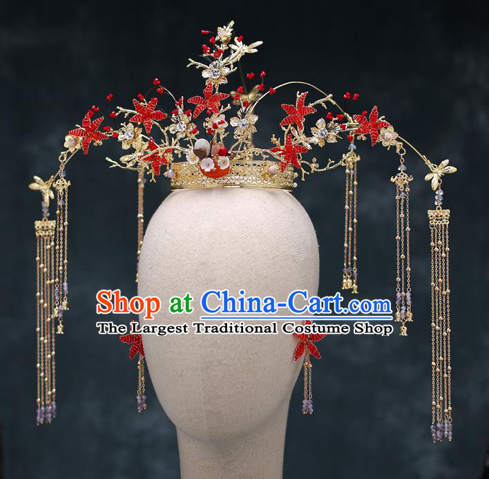 Top Chinese Traditional Bride Red Stars Phoenix Coronet Handmade Wedding Tassel Hairpins Hair Accessories Complete Set