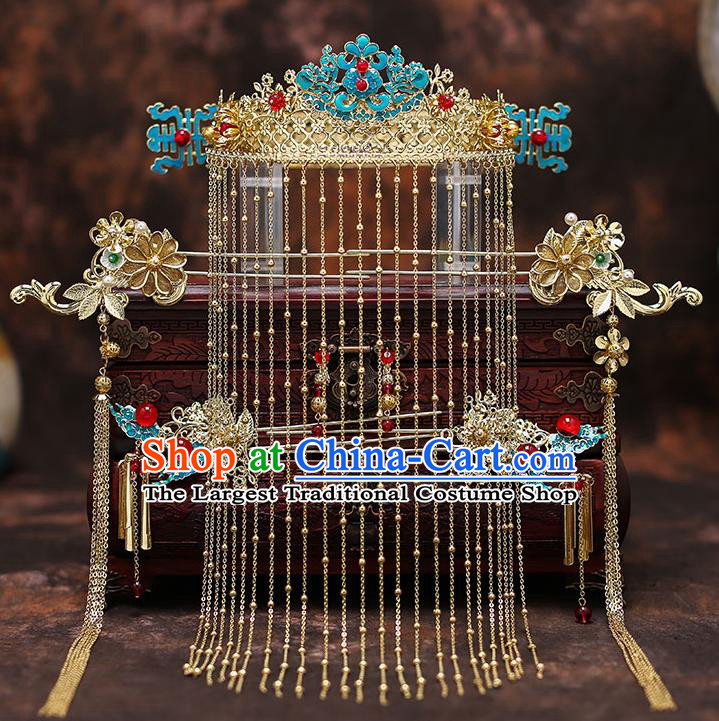 Top Chinese Traditional Court Bride Cloisonne Phoenix Coronet Handmade Wedding Tassel Hairpins Hair Accessories Complete Set