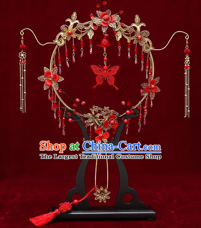 Chinese Traditional Wedding Red Butterfly Tassel Round Fan Ancient Bride Palace Fans for Women