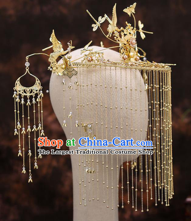 Top Chinese Traditional Bride Tassel Golden Cranes Hair Crown Handmade Hairpins Wedding Hair Accessories Complete Set