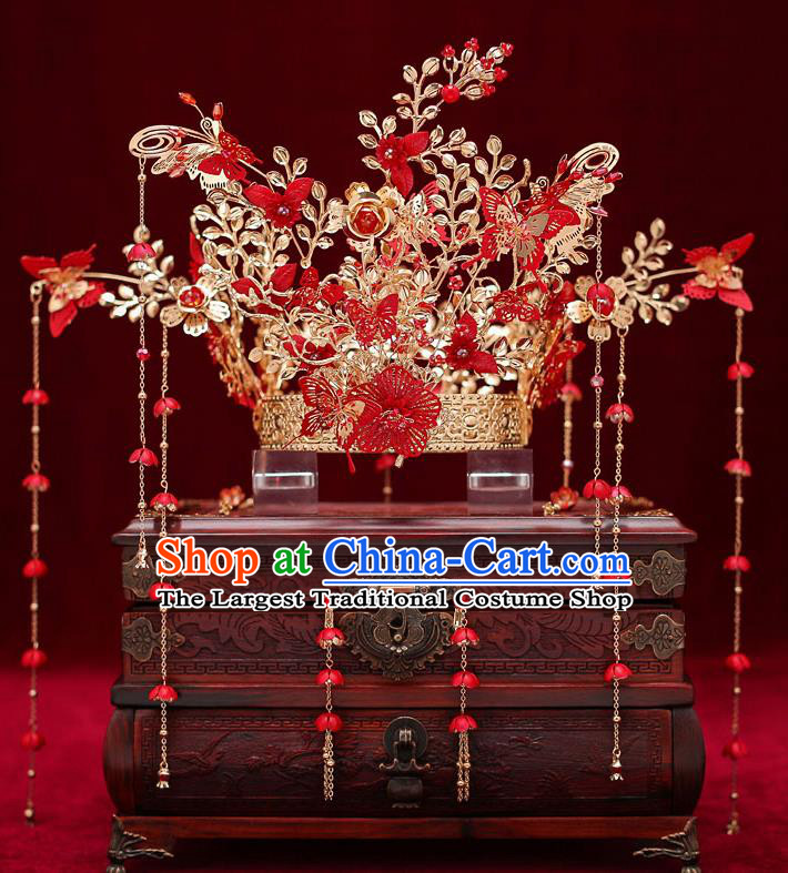 Top Chinese Traditional Bride Golden Hair Crown Handmade Hairpins Wedding Hair Accessories Complete Set