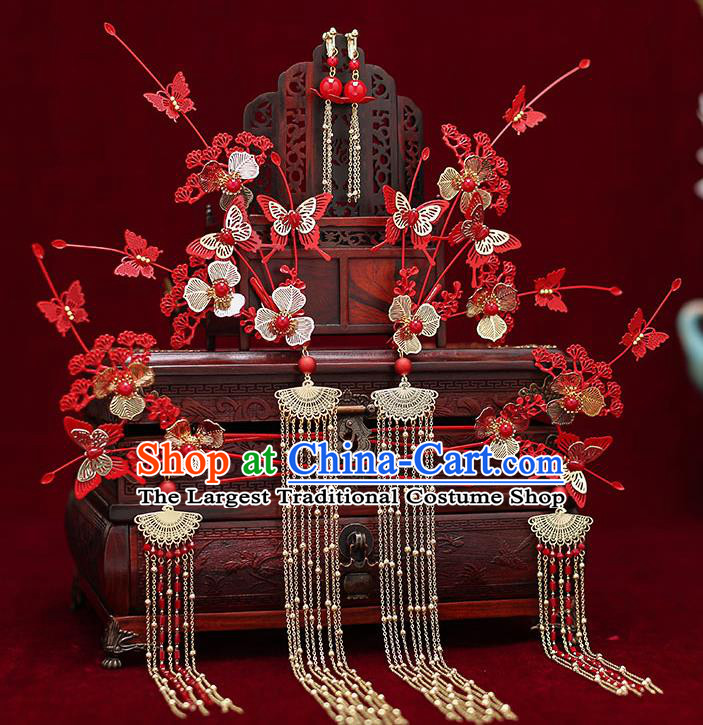 Top Chinese Traditional Bride Red Pine Butterfly Hair Comb Handmade Hairpins Wedding Hair Accessories Complete Set